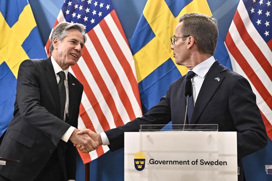 US Secretary of State Antony Blinken (left) and Sweden's Prime Minister Ulf Kristersson at their press briefing in Lulea, Sweden.