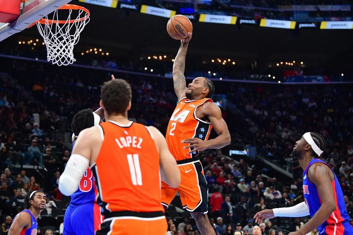 Los Angeles Clippers forward Kawhi Leonard dunking the ball during the 112-99 home victory over the NBA Eastern Conference leaders the Detroit Pistons on Dec 28 at the Intuit Dome.