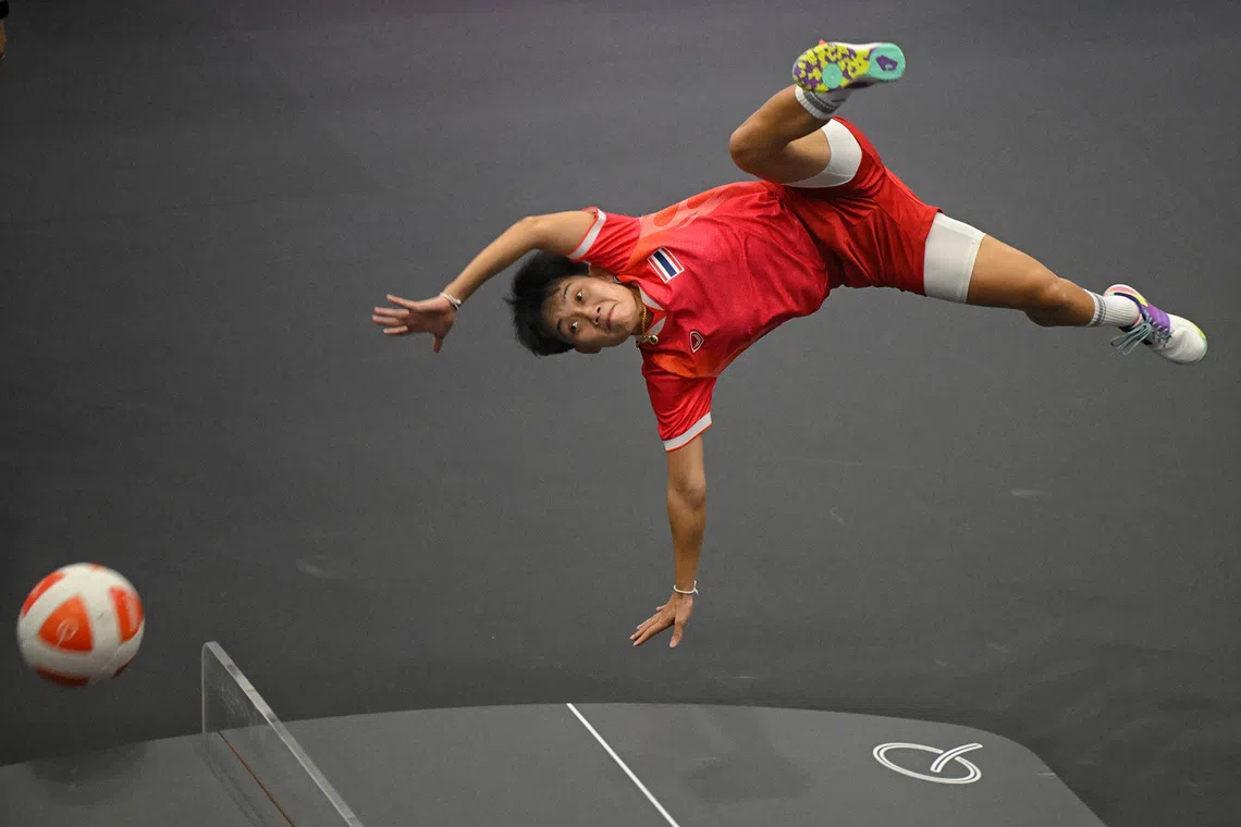 Thailand’s Jutatip Kuntatong on action during the Teqball Women’s Doubles Semifinals held at the Nagoya City Higashi Sports Center on Sept 19, 2026.
