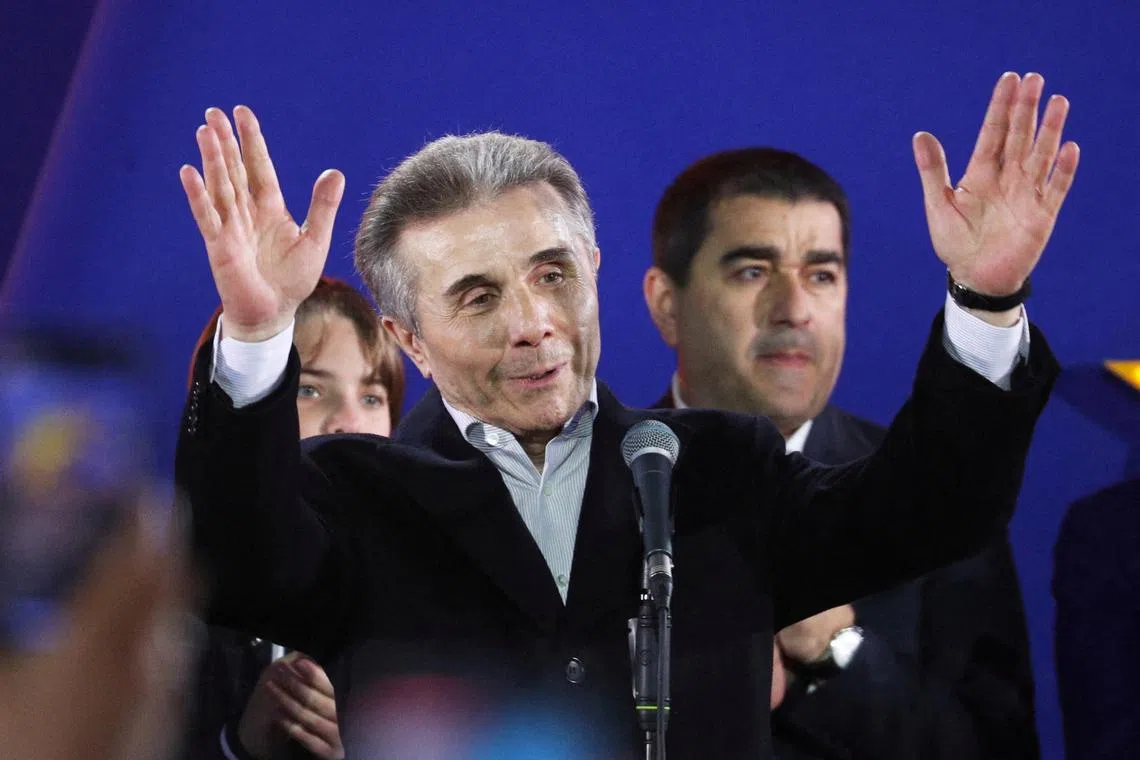 FILE PHOTO: Founder of the Georgian Dream party Bidzina Ivanishvili speaks after the announcement of exit poll results in parliamentary elections, at the Georgian Dream party headquarters in Tbilisi, Georgia October 26, 2024. REUTERS/Irakli Gedenidze/File Photo