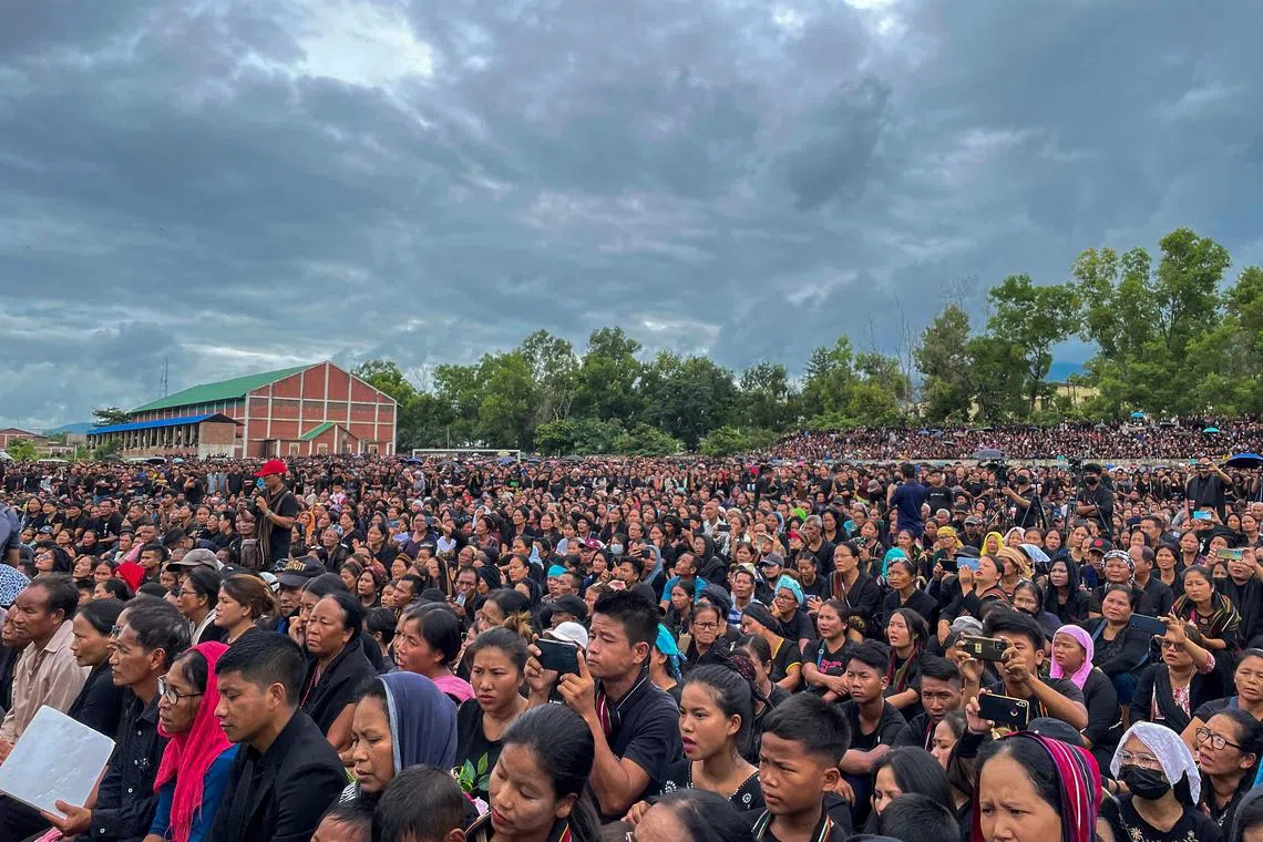 People pay tribute to Kuki tribals killed in Manipur's ethnic violence, in Churachandpur, on Aug 3.