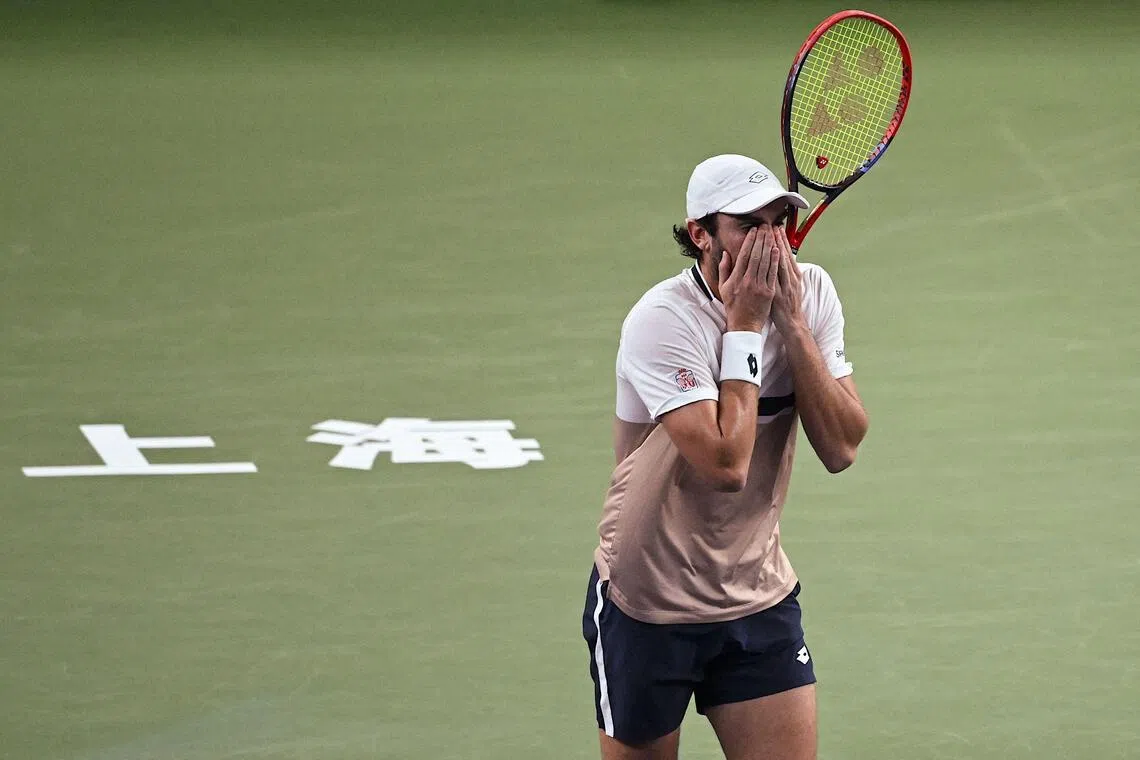Monaco's Valentin Vacherot celebrates his victory against France’s Arthur Rinderknech during the final at the Shanghai Masters.