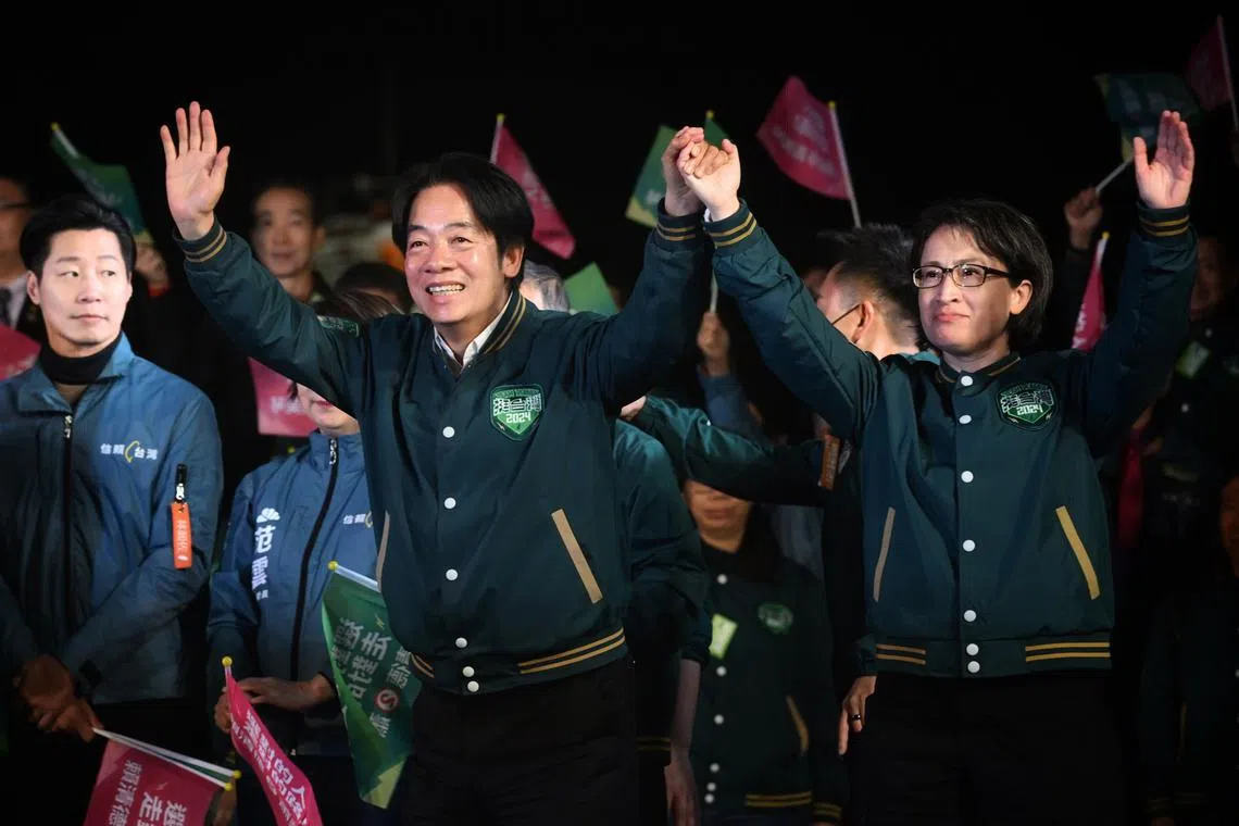 Democratic Progressive Party (DPP) presidential candidate Lai Ching-te (left) and vice-presidential candidate Hsiao Bi-khim (right) at the DPP rally on Jan 11, 2024, ahead of Taiwan’s presidential elections. 