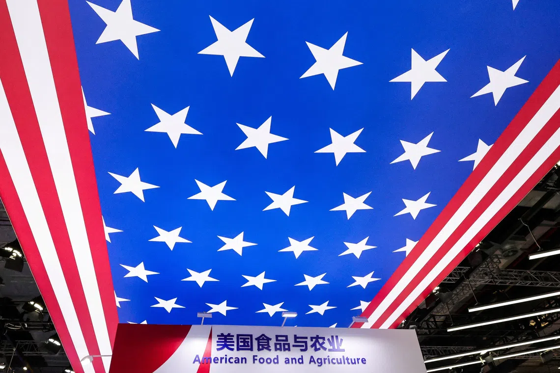 A display in the colours of the U.S. flag decorates the American Food and Agriculture booth at the 8th China International Import Expo (CIIE) in Shanghai, China, November 6, 2025. REUTERS/Maxim Shemetov