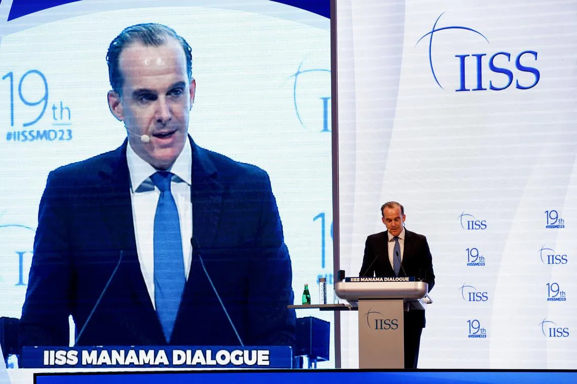Coordinator for the Middle East and North Africa at the U.S. National Security Council Brett McGurk speaks at the IISS Manama Dialogue in Manama, Bahrain, November 18, 2023. REUTERS/Hamad I Mohammed/File Photo