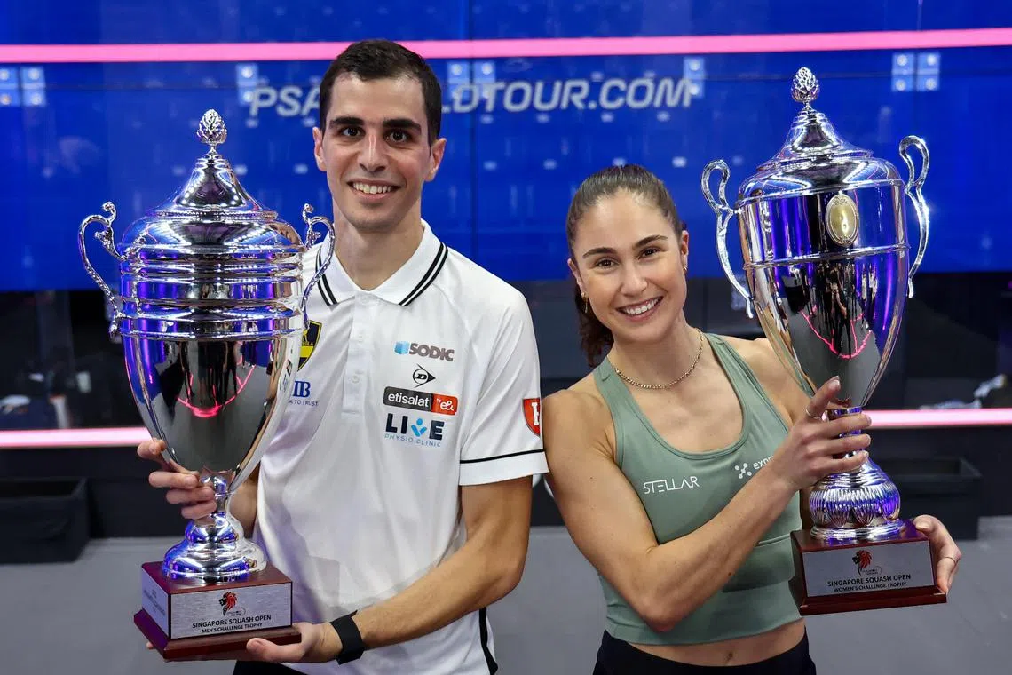World No. 1 Ali Farag (left) and fifth-ranked Nele Coll will be returning to the Republic to defend their titles at the Nov 19-24 Singapore Squash Open.