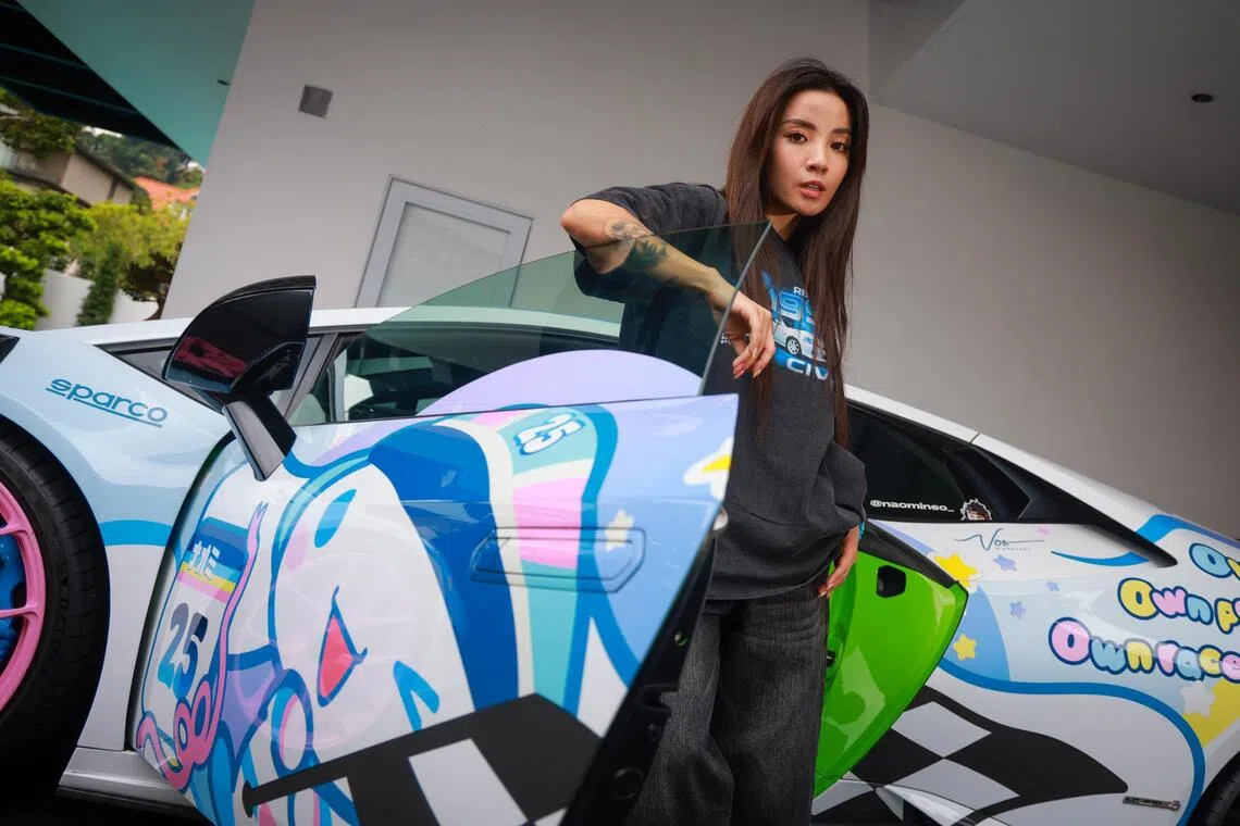 Naomi Neo with her “Cinnamoroll” Lamborghini Huracan LP610, one of the three cars parked at her porch.