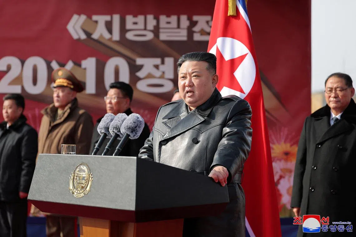 North Korean leader Kim Jong Un speaks during the groundbreaking ceremony for the Kangdong County Hospital and General Service Center in Kangdong County, North Korea, February 6, 2025, in this photo released by North Korea's official Korean Central News Agency.    KCNA via REUTERS
