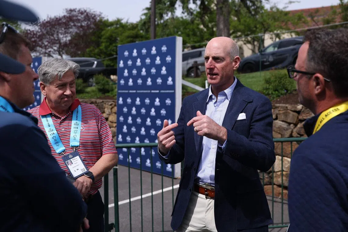 Jim Furyk talks with reporters after a press conference prior to the PGA Championship at Aronimink Golf Club on May 13.