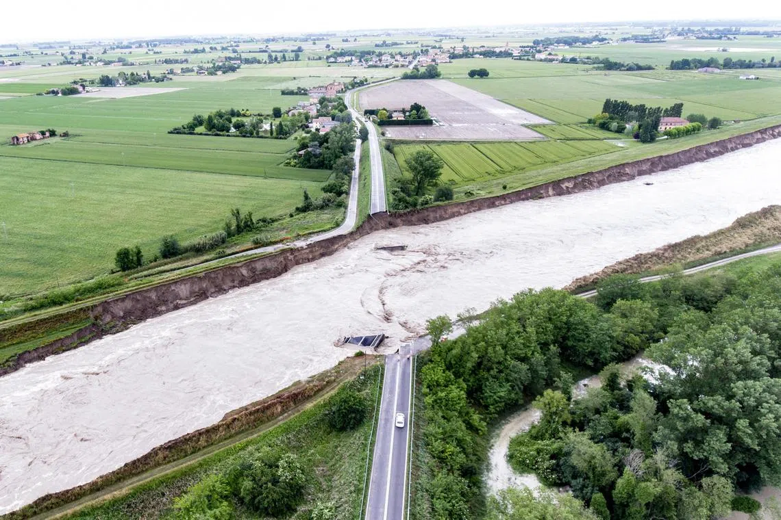 An aerial view of a damaged Motta bridge, due to the flooding of the Idice stream in Budrio, Bologna, Italy, May 17, 2023. 