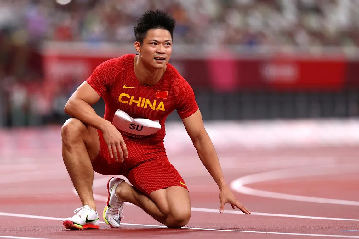 FILE PHOTO: Tokyo 2020 Olympics - Athletics - Men's 100m - Final - OLS - Olympic Stadium, Tokyo, Japan - August 1, 2021. Su Bingtian of China reacts REUTERS/Andrew Boyers/File Photo