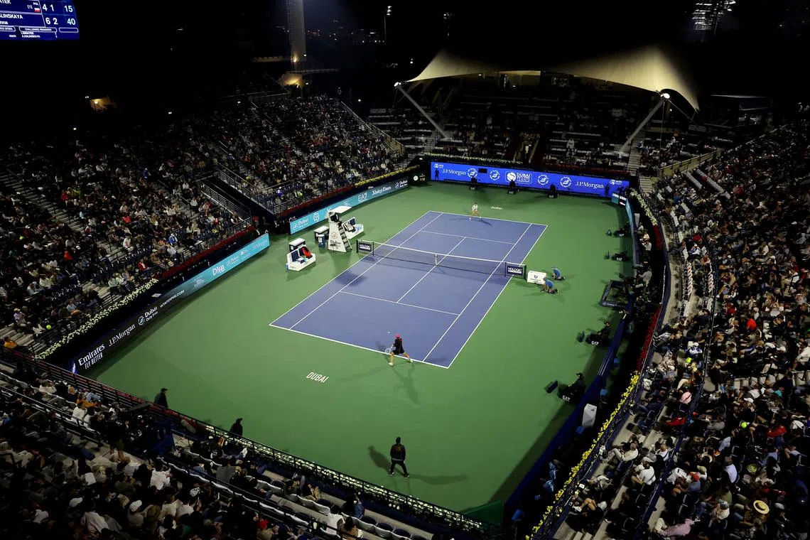 Tennis - WTA 1000 - Dubai Tennis Championships - Dubai Duty Free Tennis Centre, Dubai, United Arab Emirates - February 23, 2024 General view during the semi final match between Poland's Iga Swiatek and Russia's Anna Kalinskaya REUTERS/Amr Alfiky/File Photo