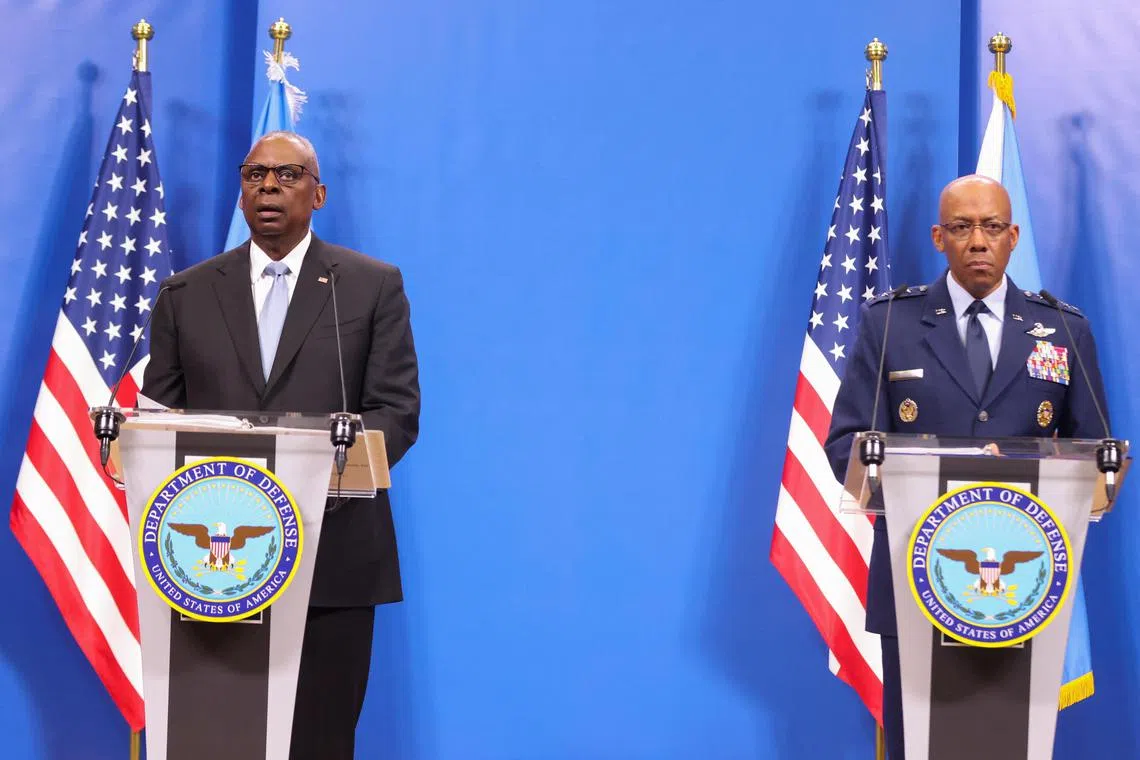 United States Secretary of Defence Lloyd Austin (left) and Chairman of the US Joint Chiefs of Staff Charles Q. Brown Jr deliver a press conference at the Nato defence ministers' meeting in Brussels.