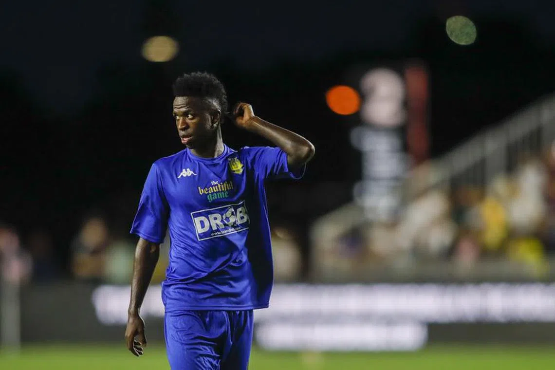 Jun 18, 2022; Miami, FL, USA; Vinicius Jr looks on in the second half during The Beautiful Game exhibition match at DRV PNK Stadium. Mandatory Credit: Sam Navarro-USA TODAY Sports/File Photo