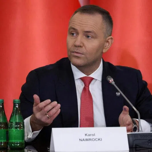 Polish President Karol Nawrocki speaks during a National Security Council meeting at the Presidential Palace in Warsaw, Poland, on Feb 11, 2026.