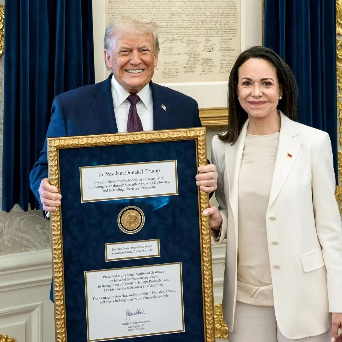 Venezuelan opposition leader Maria Corina Machado presented US President Donald Trump with her Nobel Peace Prize medal in the Oval Office, on Jan 15.