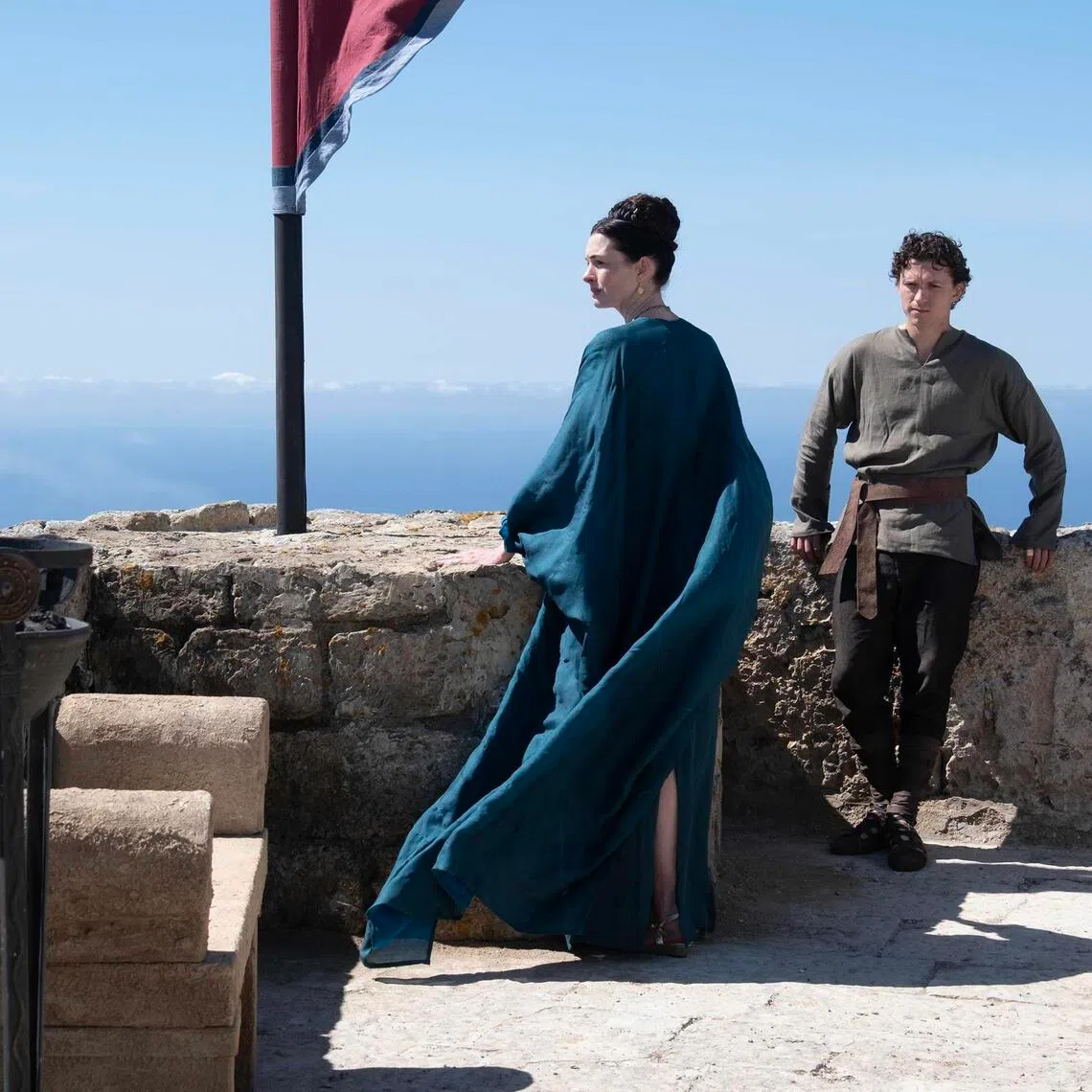 Anne Hathaway (left) as Penelope and Tom Holland as Telemachus in The Odyssey.