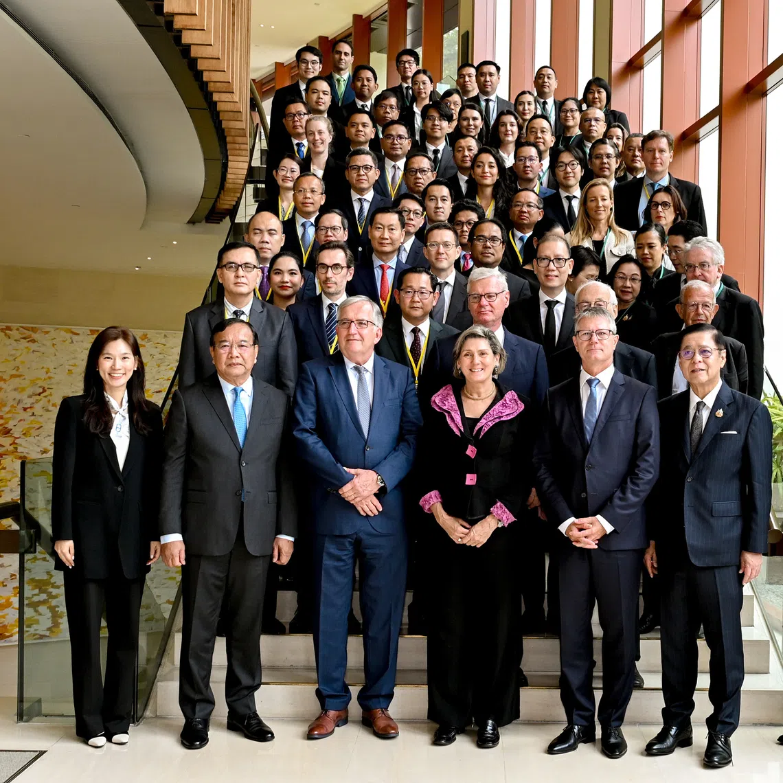 Cambodian Foreign Minister Prak Sokhonn (first row, second from left) and Thai Foreign Minister Sihasak Phuangketkeow (first row, second from right) are in Singapore for a conciliation meeting concerning overlapping maritime claims.