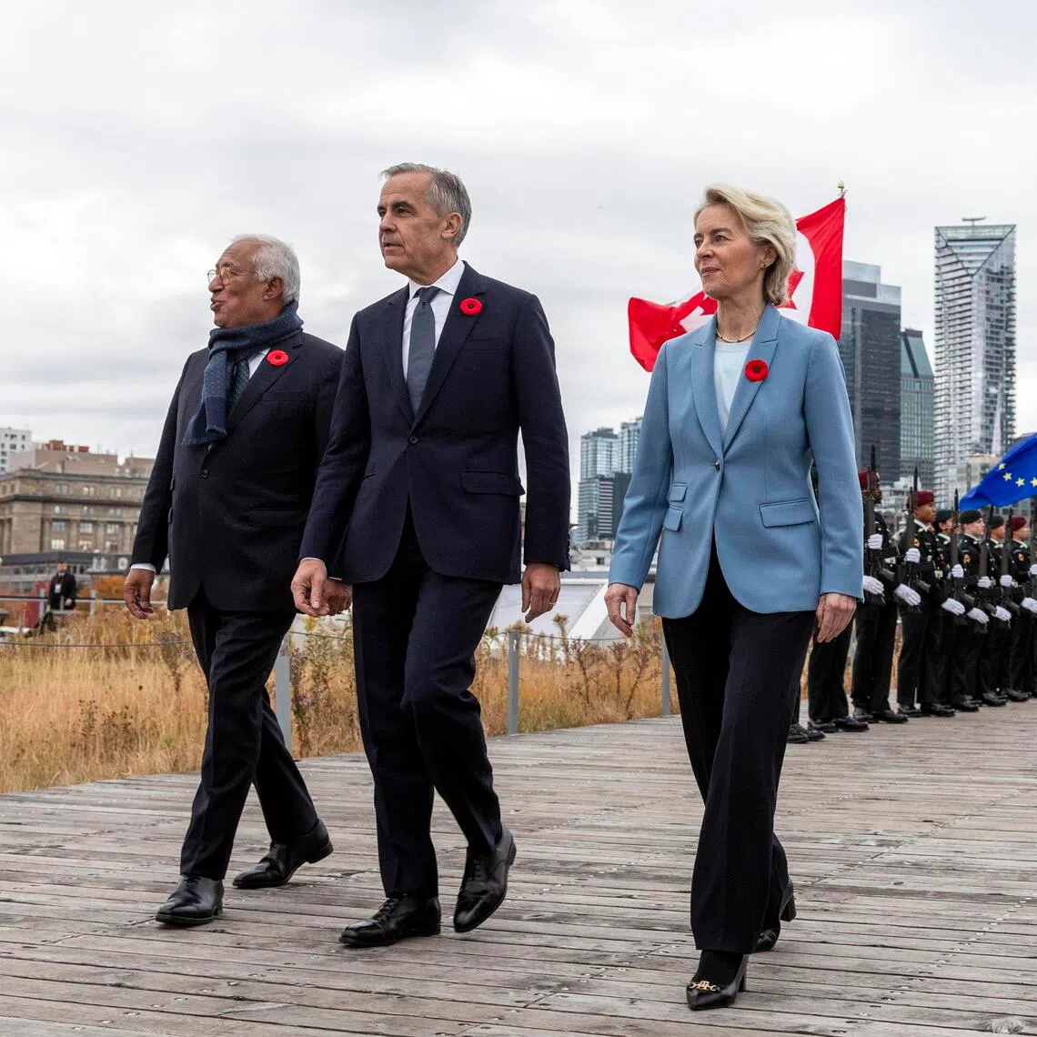 (From left) European Council President Antonio Costa, Canadian Prime Minister Mark Carney and European Commission President Ursula von der Leyen in Montreal, Canada, on the concluding day of the 21st EU-Canada Summit.