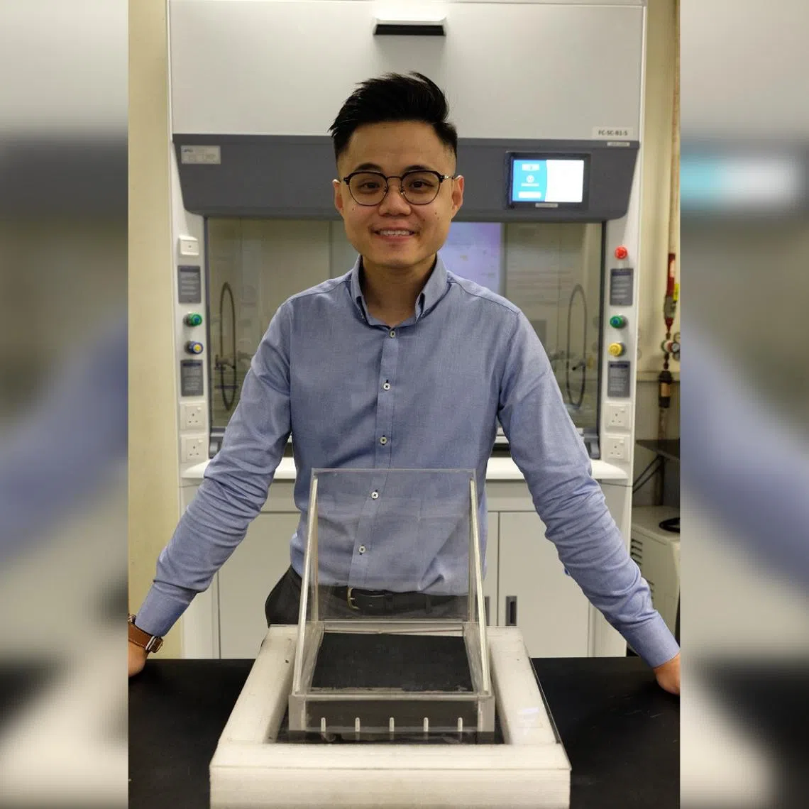 Dr Edison Huixiang Ang with his solar still, which uses MXenes synthesized from plastic waste