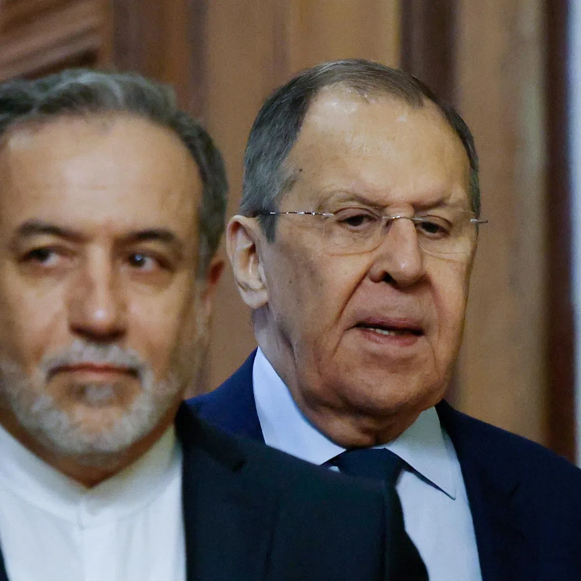 Russia's Foreign Minister Sergei Lavrov and Iran's Foreign Minister Abbas Araqchi attend a press conference following their talks in Moscow, Russia, April 18, 2025. Tatyana Makeyeva/Pool via REUTERS