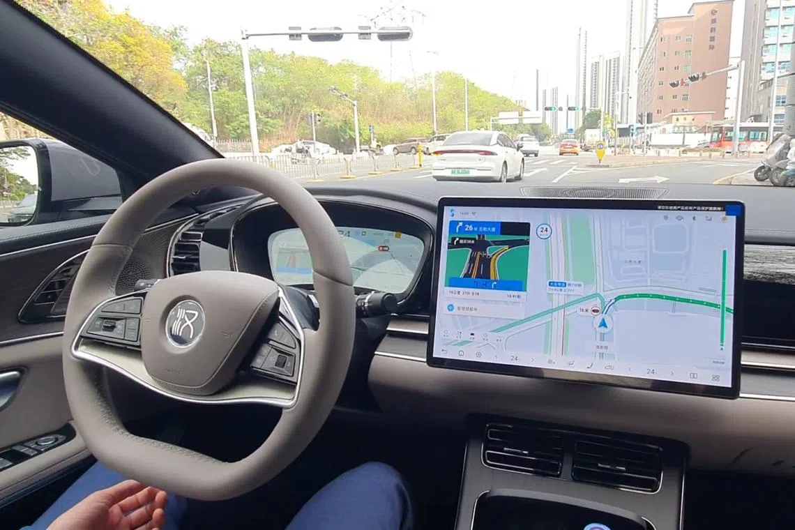 The interior of a BYD Han, which has advanced smart-driving features.
