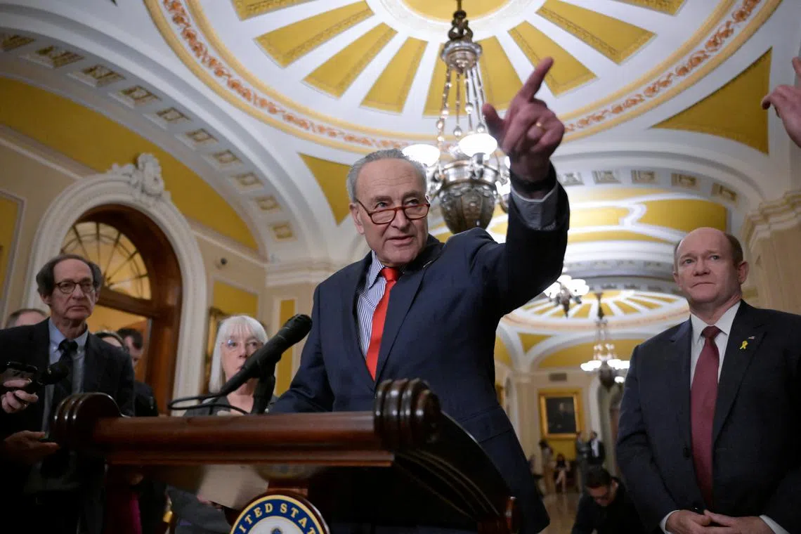 U.S. Senate Majority Leader Chuck Schumer (D-NY) speaks during a press conference following the weekly Senate caucus luncheons on Capitol Hill in Washington, U.S., March 12, 2024. REUTERS/Craig Hudson/File Photo