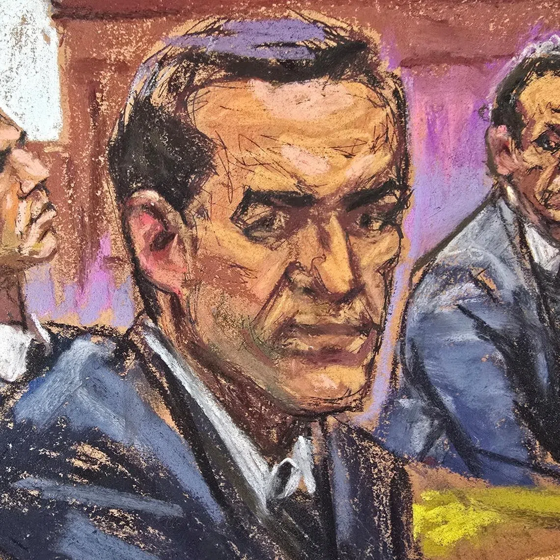 High profile real estate agent brothers Alon Alexander, Oren Alexander and Tal Alexander listen to closing arguments during their federal sex trafficking trial in New York City, U.S. March 4, 2026 in a courtroom sketch. REUTERS/Jane Rosenberg