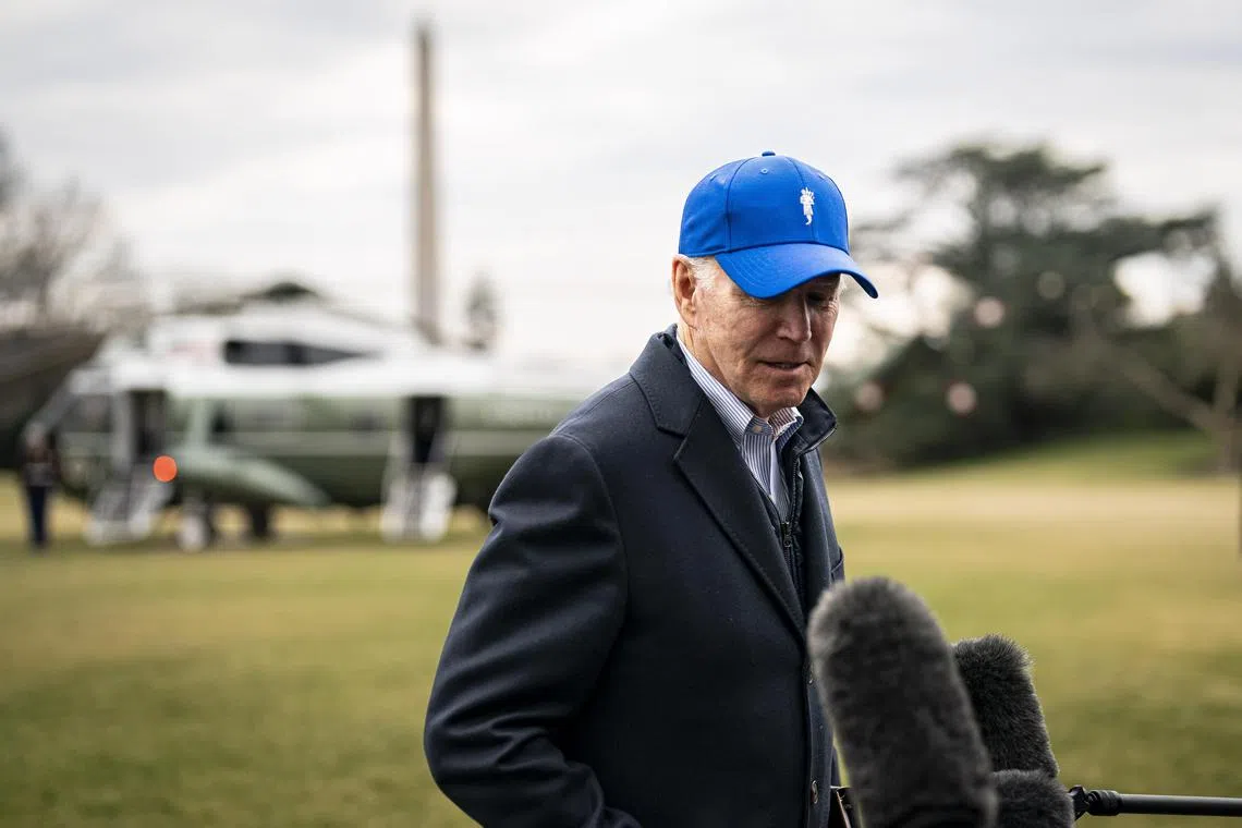 President Joe Biden stops to speak to reporters upon his return to the White House after a weekend trip to Delaware on Monday, Feb. 6, 2023. Biden is scheduled to deliver his State of the Union address to Congress on Tuesday night. (Al Drago/The New York Times)