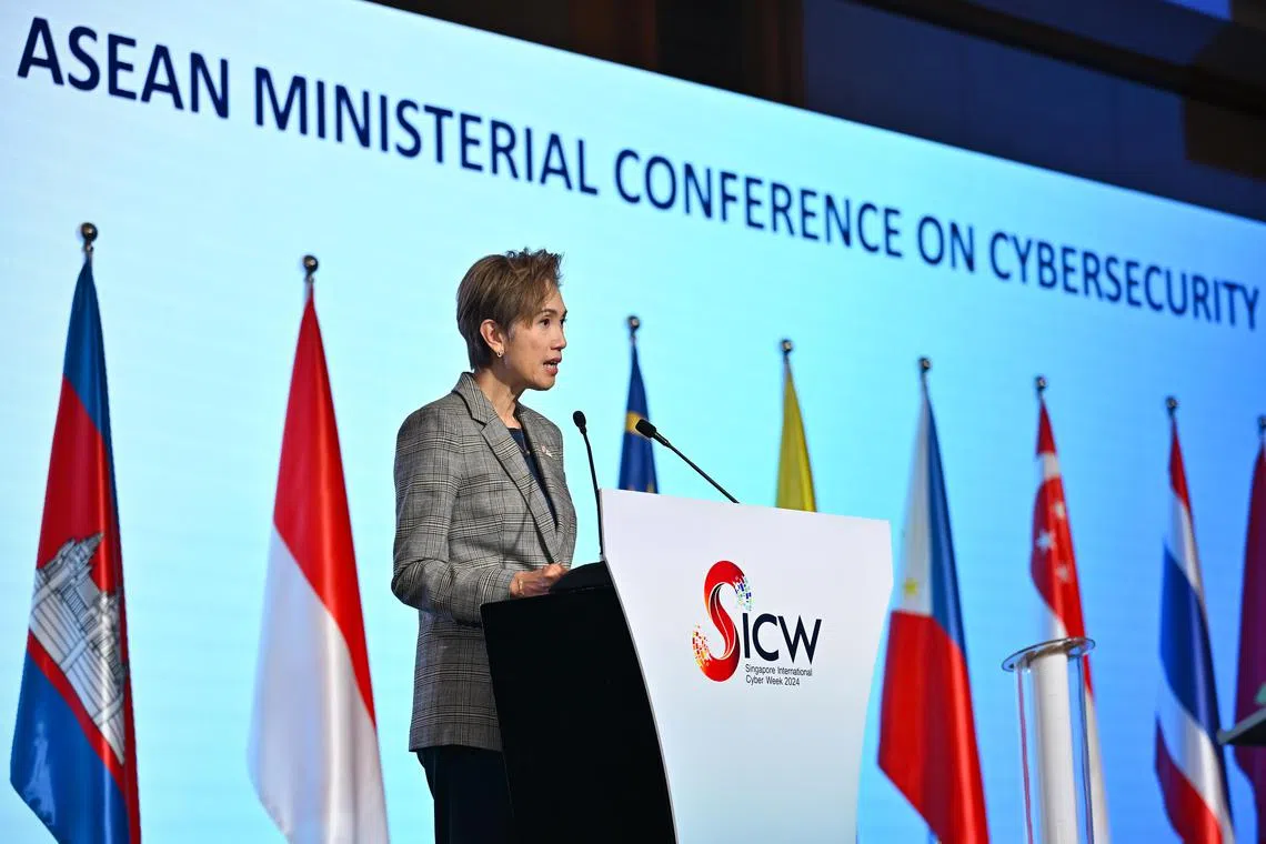 ST20241016-202438600626-Lim Yaohui-Osmond Chia-ocasean16/
Opening Remarks by Mrs Josephine Teo, Minister of Digital Development and Information during the opening ceremony of ASEAN Ministerial Conference on Cybersecurity (AMCC) at Sands Expo and Convention Centre on Oct 16, 2024.
The Asean region’s cyber emergency response team will be officially launched on Oct 16 to coordinate cybersecurity efforts in the event of a regional attack. In the works since 2020, the unit, which comprises members from all Asean countries, will be located at the Asean-Singapore Cybersecurity Centre of Excellence in City Hall. The centre will coordinate the sharing of information between nations and conduct exercises to strengthen cybersecurity measures in the region.
Its launch will be announced by Digital Development and Information Minister Josephine Teo on Oct 16 at the Singapore International Cyber Week.
(ST PHOTO: LIM YAOHUI)