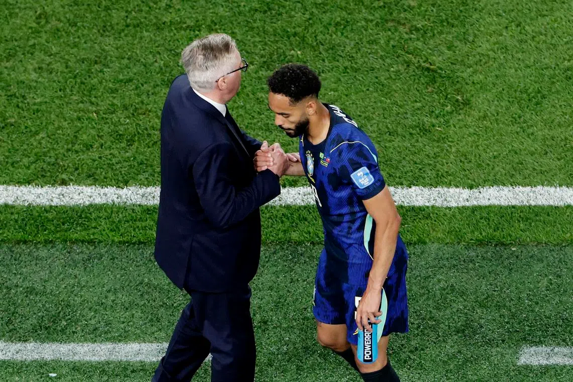 Soccer Football - FIFA World Cup 2026 - Group C - Brazil v Haiti - Philadelphia Stadium, Philadelphia, Pennsylvania, U.S. - June 19, 2026 Brazil coach Carlo Ancelotti shakes hands with Matheus Cunha after he was substituted REUTERS/Jeenah Moon