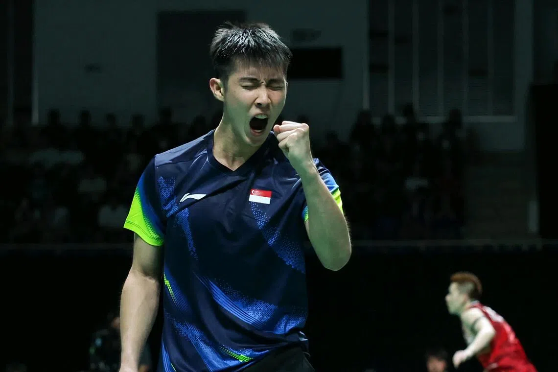 Singapore’s Loh Kean Yew celebrating after winning a point in the men’s badminton team semi-finals against Indonesia’s Alwi Farhan.