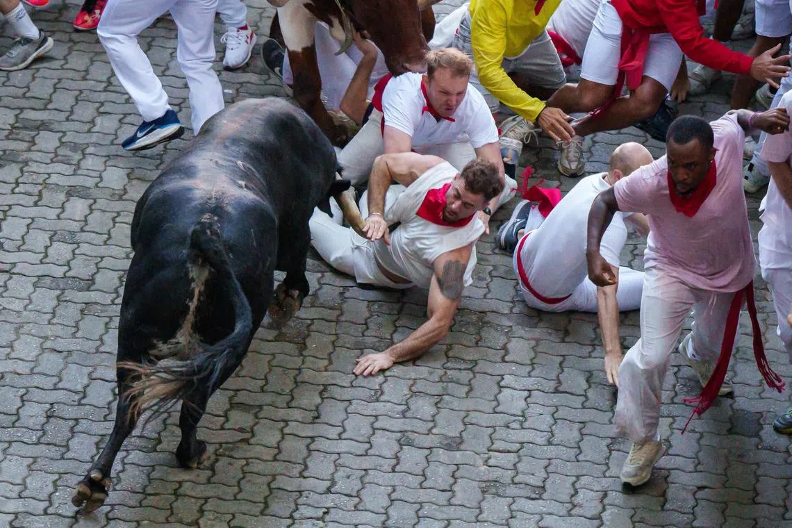 A runner falls as he is hit by a bull during the second running of the bulls of the San Fermin festival in Pamplona, northern Spain, on July 8, 2025. 