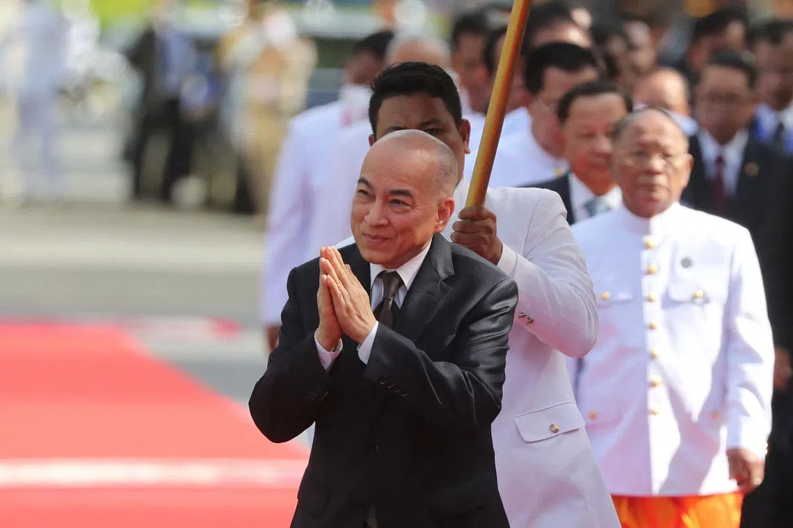 Cambodia's King Norodom Sihamoni walks at the National Assembly on the day of the first session of the 7th National Assembly after the general election in Phnom Penh, Cambodia, August 21, 2023.