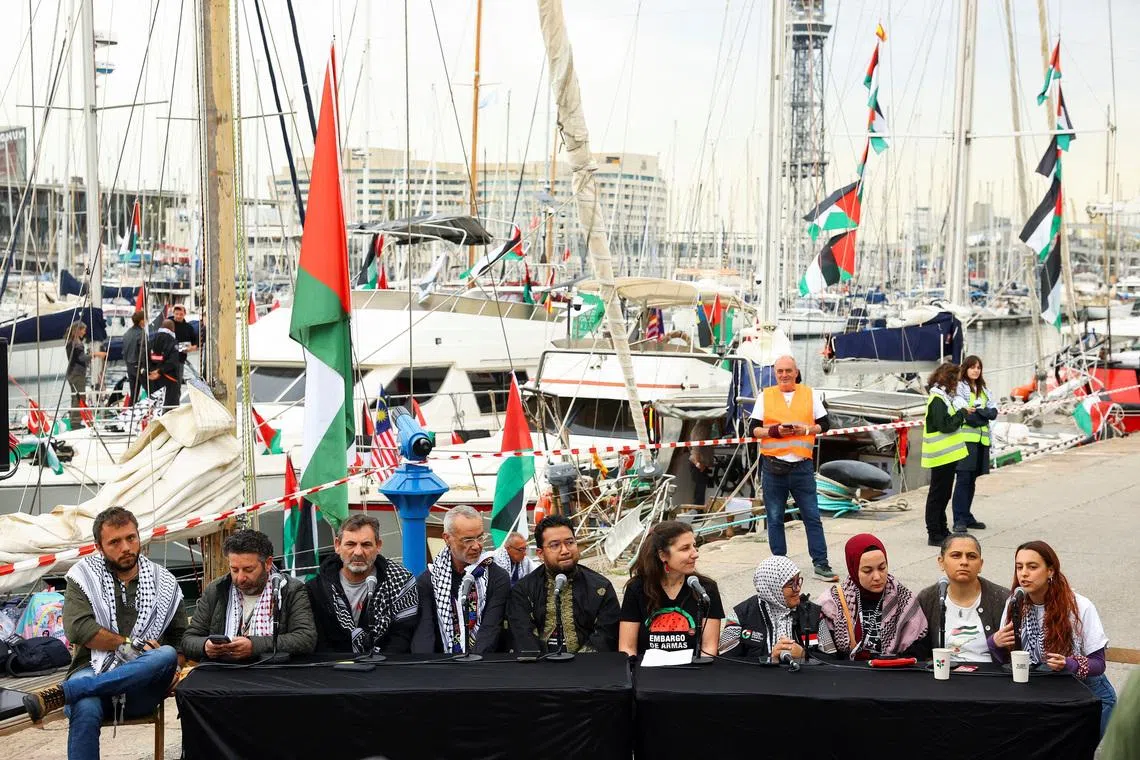 Global Sumud Flotilla Steering Committee members at a press conference in Barcelona on April 12.