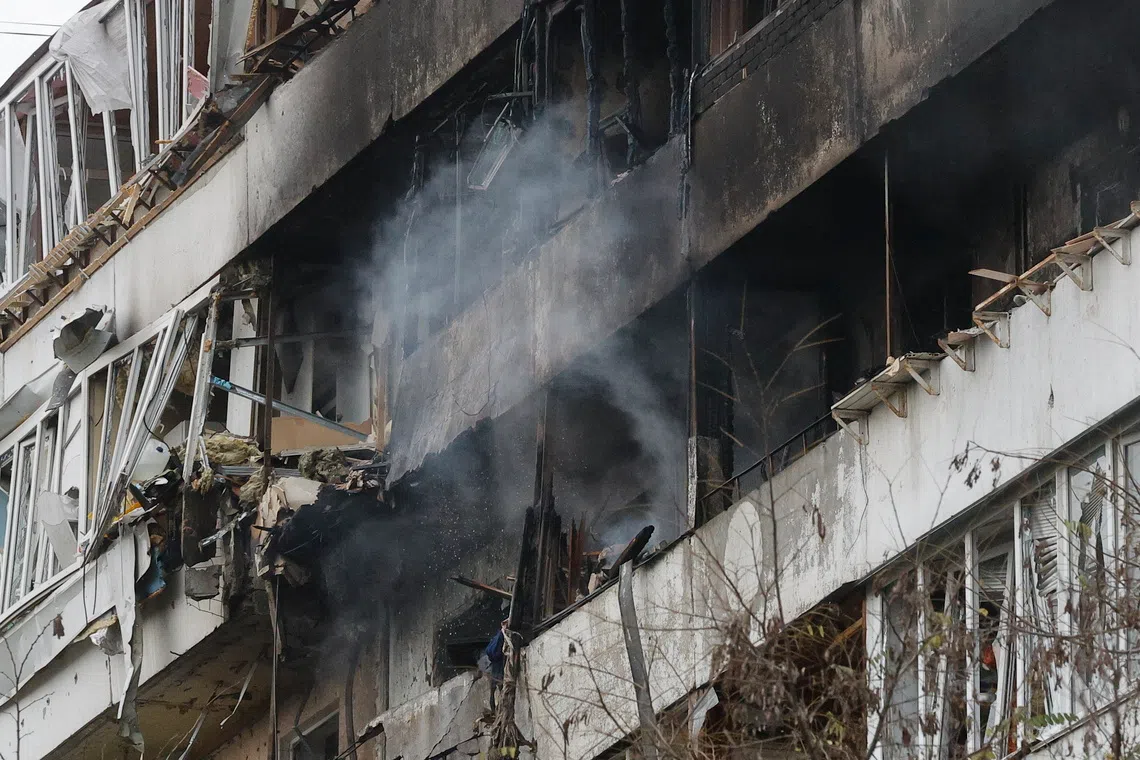 The site of a Russian strike on a residential building in Kyiv on Nov 25.