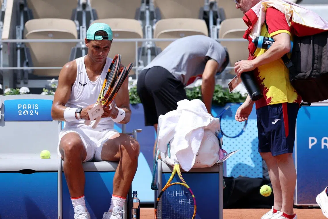 Rafael Nadal of Spain during training on July 24, 2024, ahead of the start of the Paris Olympics tennis tournament.
