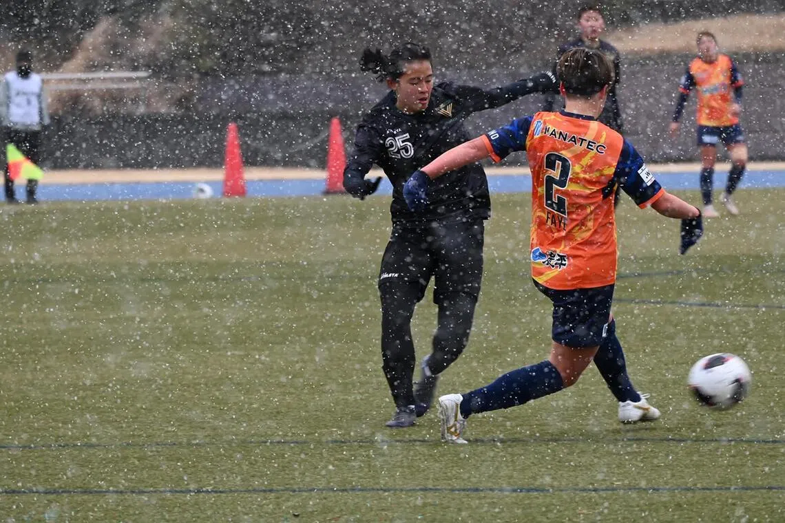 As an overseas professional footballer with Japan’s top-tier Tokyo Verdy Beleza, Singapore’s Danelle Tan (left) has had to play in snowy conditions that affected her vision.