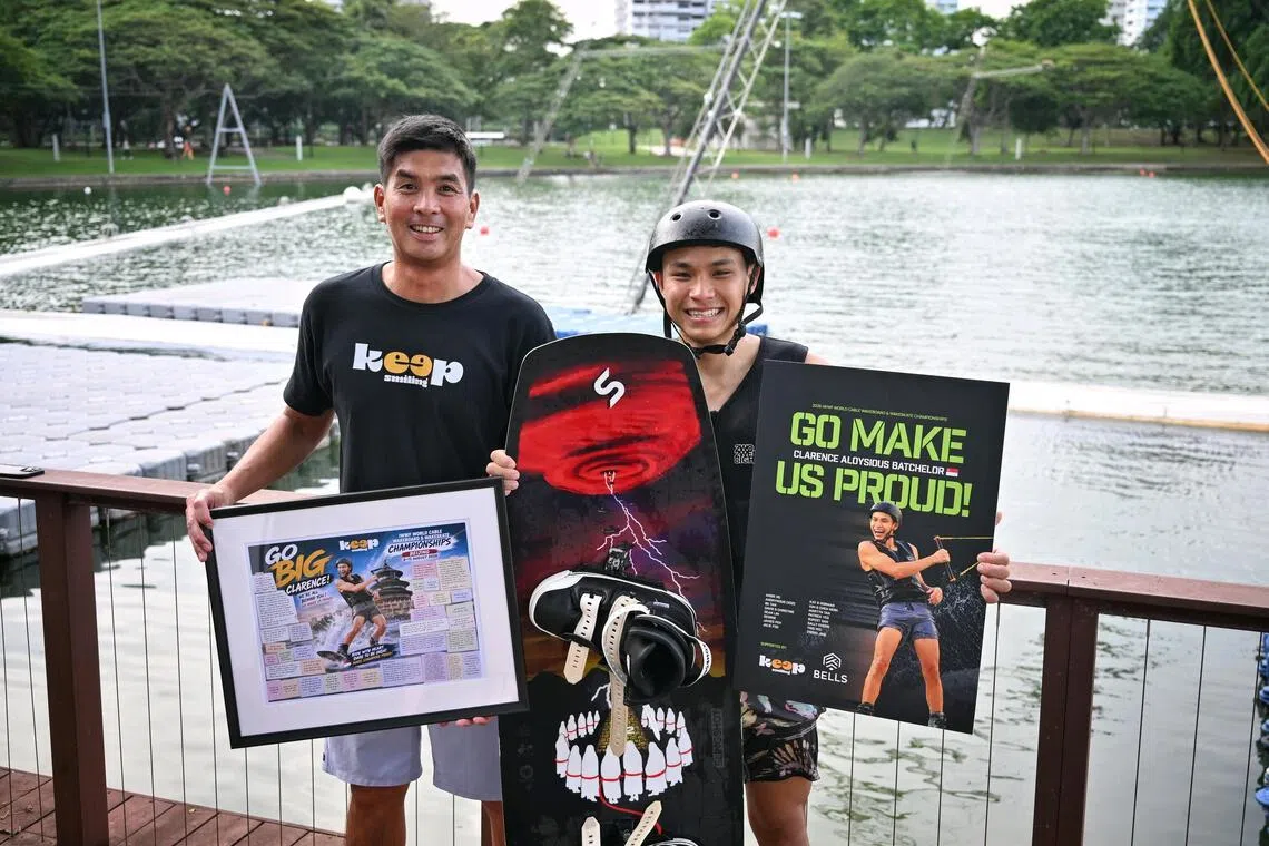 Chan Chen Hern and Singapore wakeboarder Clarence Batchelor, at Singapore Wake Park on Jul 2, 2026.