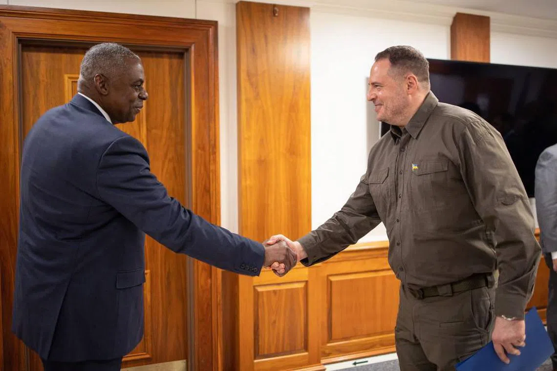 US Defence Secretary Lloyd Austin (left) meeting Ukraine's presidential chief of staff Andriy Yermak in Washington.