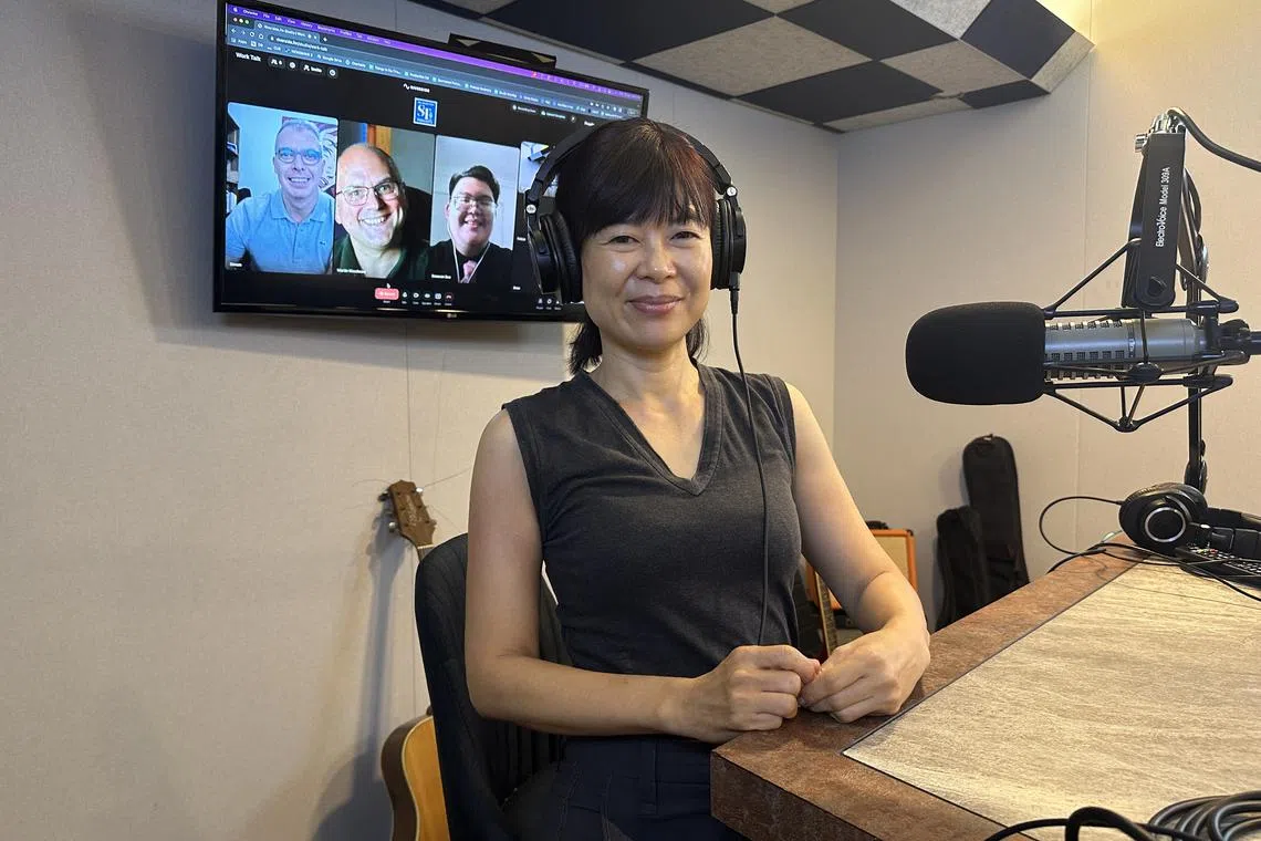 (From left, pictured on screen) Mr Simon Dale, managing director for Adobe, Southeast Asia and Korea, Mr Martin Woodward, vice president of developer relations at GitHub, Mr Donovan Dua, a student at the Institute of Technical Education, and ST's senior correspondent Krist Boo in the podcast studio.