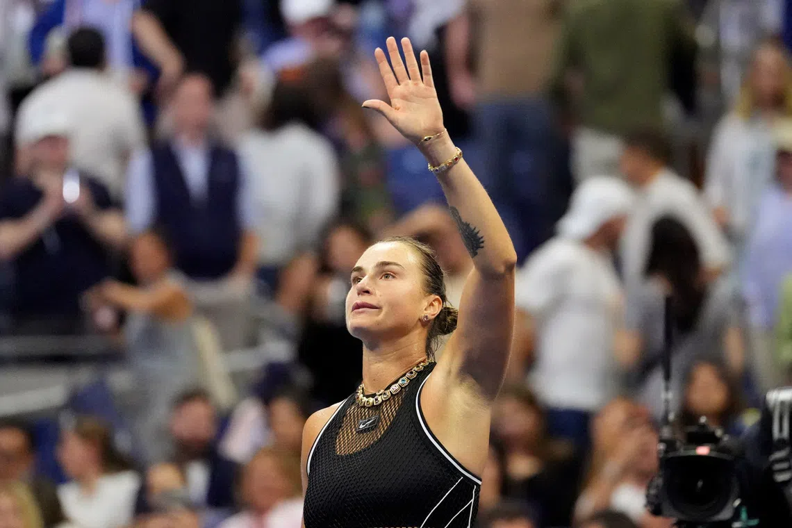 Aryna Sabalenka celebrates after winning her second round match at the US Open.