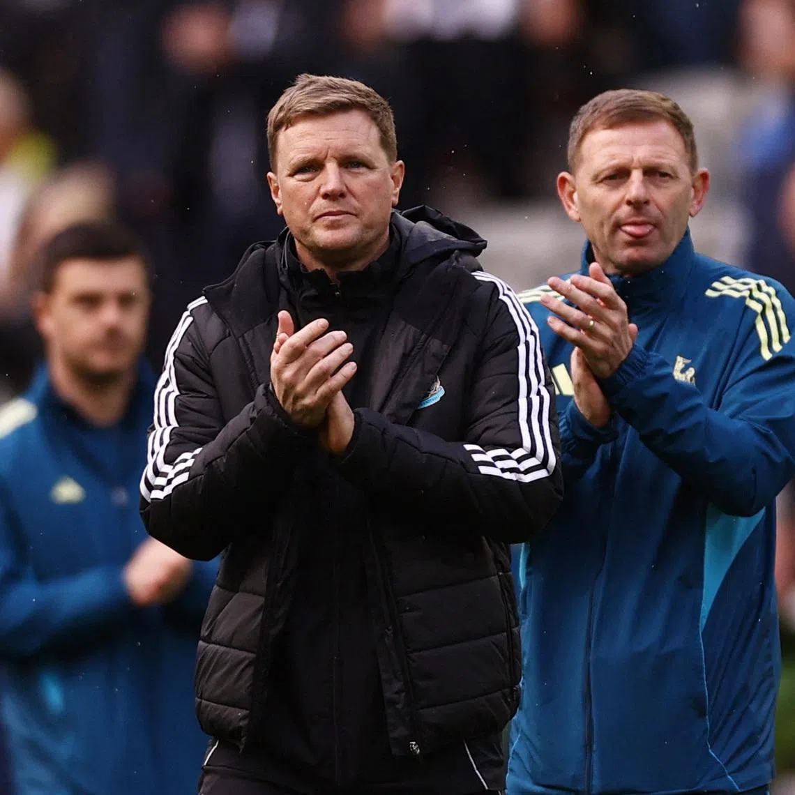 FILE PHOTO: Soccer Football - Premier League - Newcastle United v AFC Bournemouth - St James' Park, Newcastle, Britain - April 18, 2026  Newcastle United manager Eddie Howe and Newcastle United assistant manager Graeme Jones look dejected after the match Action Images via Reuters/Lee Smith/File Photo