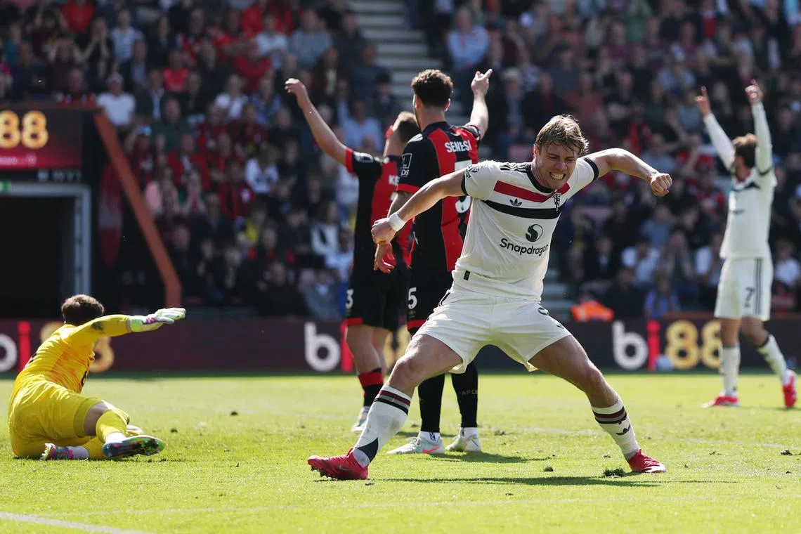 Manchester United's Rasmus Hojlund celebrates scoring a late equaliser in their 1-1 English Premier League draw against Bournemouth at the Vitality Stadium on April 27.