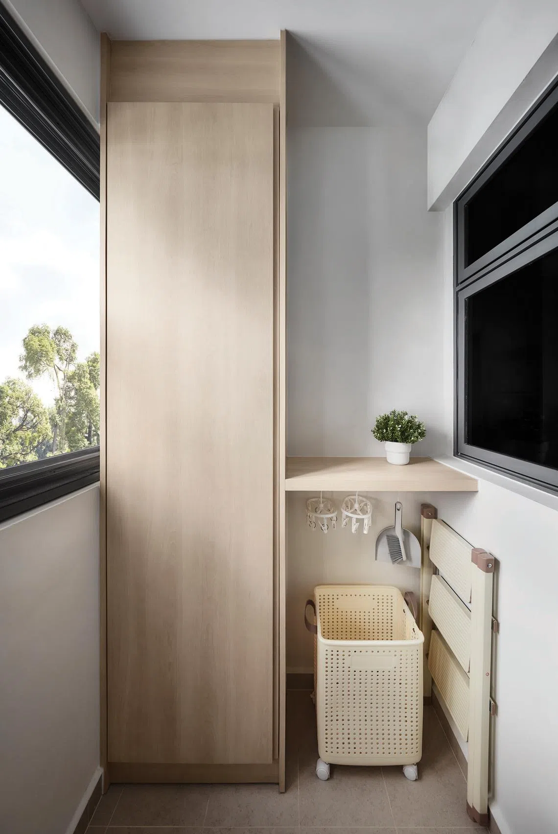 The yard’s household supply closet and automated laundry system make cleaning up easy.