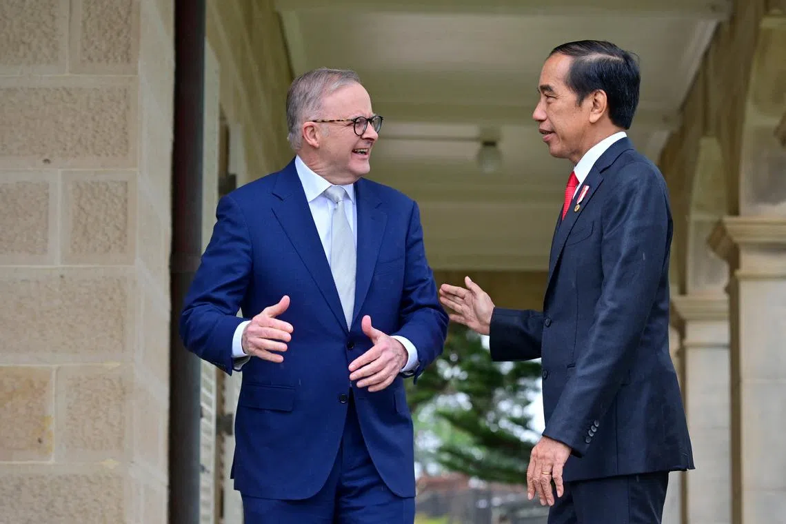 Indonesian President Joko Widodo talks with Australian Prime Minister Anthony Albanese at Admiralty House in Sydney, Australia, on July 4, 2023. 