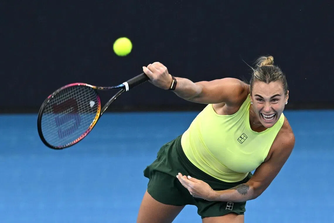 Aryna Sabalenka of Belarus in action during her 6-0, 6-1 win over Cristina Bucsa of Spain at the Brisbane International tennis tournament at Pat Rafter Arena in Brisbane, Australia, on Jan 6, 2026.