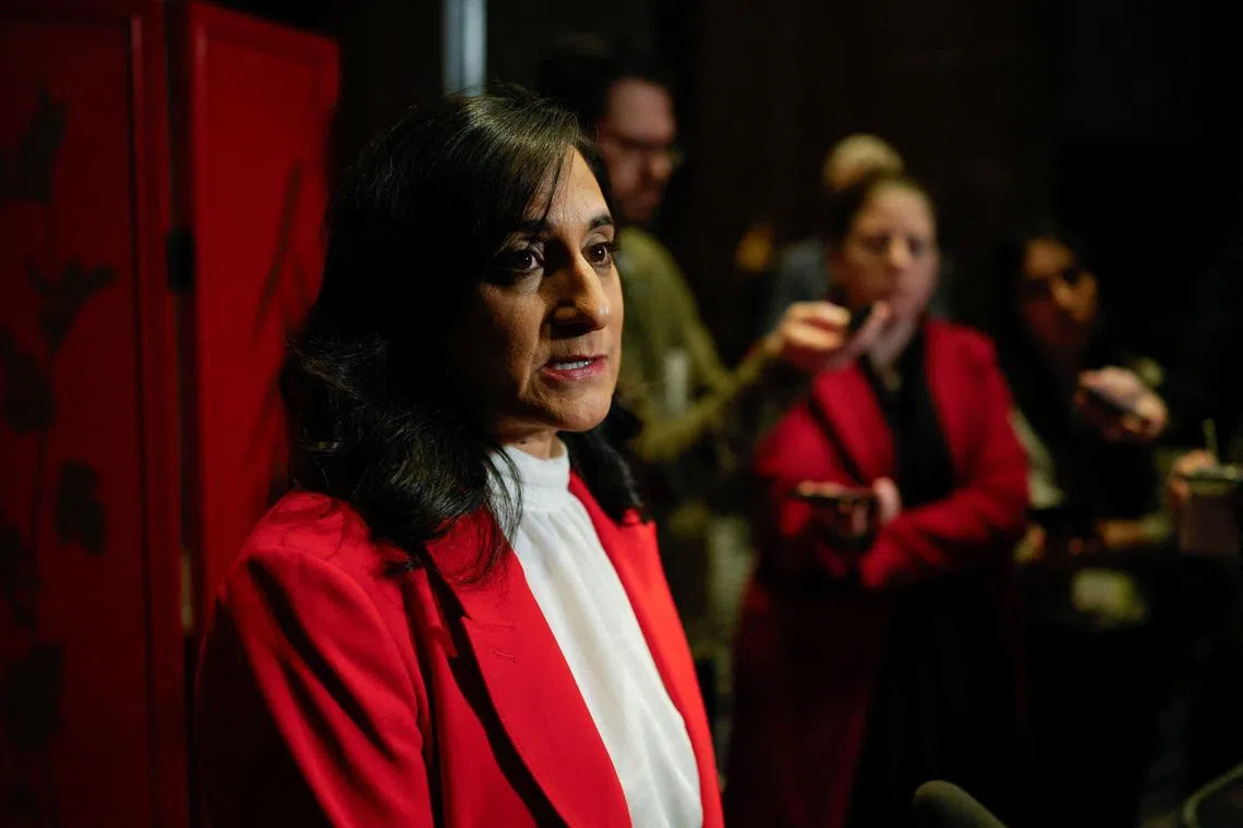 Canada's Minister of Foreign Affairs Anita Anand speaks to members of the media after arriving in Beijing with Canada's Prime Minister Mark Carney, during the first visit by a Canadian Prime Minister to China since 2017, in Beijing, China January 14, 2026.  REUTERS/Carlos Osorio