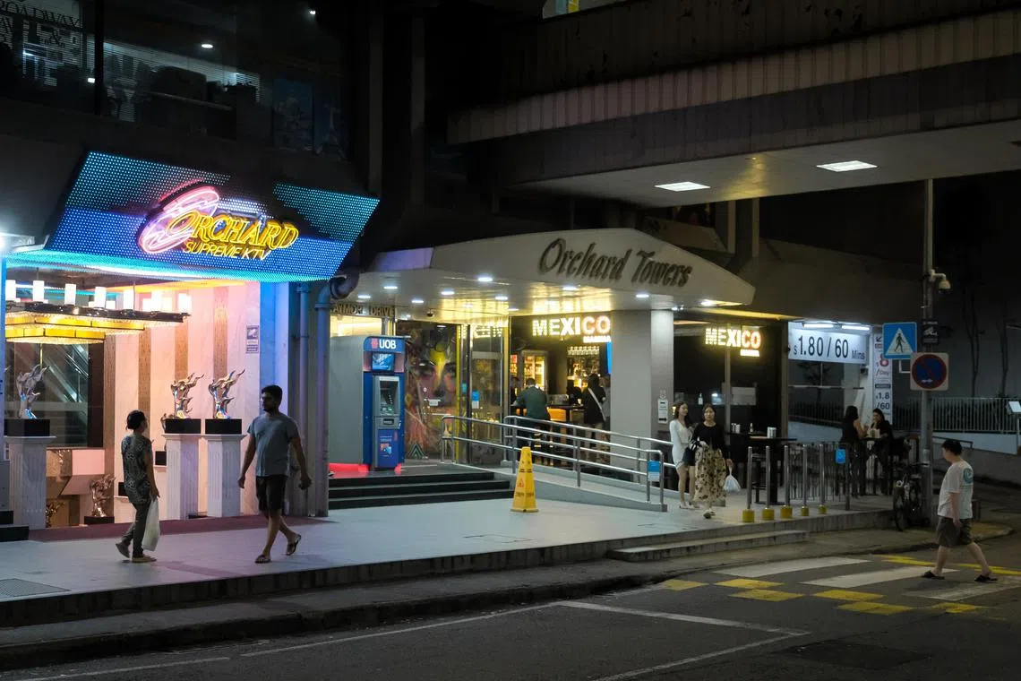 Orchard Towers in the evening.