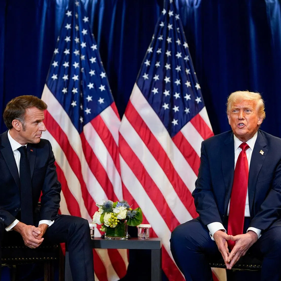 U.S. President Donald Trump meets with French President Emmanuel Macron during the 80th United Nations General Assembly, in New York City, New York, U.S., September 23, 2025. REUTERS/Al Drago